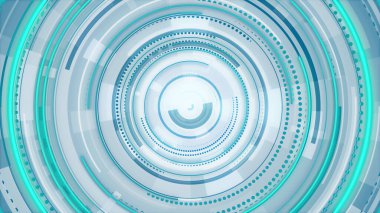 Daire beyaz, mavi ve yeşil neon çizgileri teknolojisi yüksek teknoloji parlak arka plan. Soyut grafik dijital gelecek bilimkurgu konsepti tasarımı.