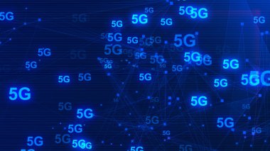5G Ağ İnternet Mobil ikonu teknolojisi mavi arkaplan. Dijital gelecek tasarım kavramına sahip soyut dijital makine öğrenimi. 