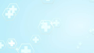 Altıgen geometrik beyaz desenli mavi arka planda parlak tıbbi desen. Soyut grafik tasarım teknolojisi ve bilim konsepti.