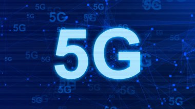 5G Ağ İnternet Mobil ikonu teknolojisi mavi arkaplan. Dijital gelecek tasarım kavramına sahip soyut dijital makine öğrenimi. 