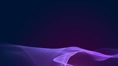Nokta mavi mor dalga çizgisi, ışık eğimli koyu arkaplan. Soyut teknoloji büyük veri dijital arkaplanı. 3d oluşturma.