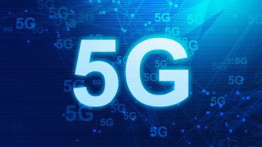 5G Ağ İnternet Mobil ikonu teknolojisi mavi arkaplan. Dijital gelecek tasarım kavramına sahip soyut dijital makine öğrenimi. 