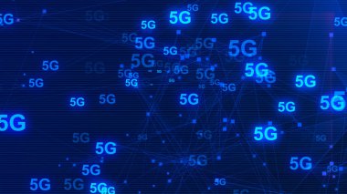 5G Ağ İnternet Mobil ikonu teknolojisi mavi arkaplan. Dijital gelecek tasarım kavramına sahip soyut dijital makine öğrenimi. 