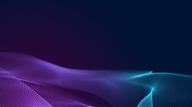 Nokta mavi mor dalga çizgisi, ışık eğimli koyu arkaplan. Soyut teknoloji büyük veri dijital arkaplanı. 3d oluşturma.