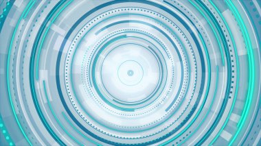 Daire beyaz, mavi ve yeşil neon çizgileri teknolojisi yüksek teknoloji parlak arka plan. Soyut grafik dijital gelecek bilimkurgu konsepti tasarımı.