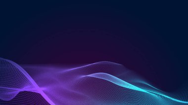 Nokta mavi mor dalga çizgisi, ışık eğimli koyu arkaplan. Soyut teknoloji büyük veri dijital arkaplanı. 3d oluşturma.