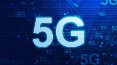 5G Ağ İnternet Mobil ikonu teknolojisi mavi arkaplan. Dijital gelecek tasarım kavramına sahip soyut dijital makine öğrenimi. 