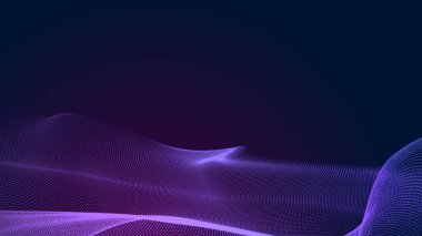 Nokta mavi mor dalga çizgisi, ışık eğimli koyu arkaplan. Soyut teknoloji büyük veri dijital arkaplanı. 3d oluşturma.