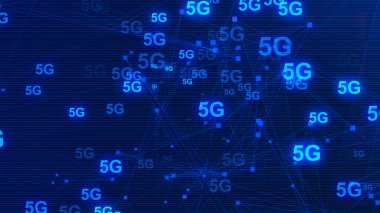 5G Ağ İnternet Mobil ikonu teknolojisi mavi arkaplan. Dijital gelecek tasarım kavramına sahip soyut dijital makine öğrenimi. 