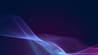Nokta mavi mor dalga çizgisi, ışık eğimli koyu arkaplan. Soyut teknoloji büyük veri dijital arkaplanı. 3d oluşturma.