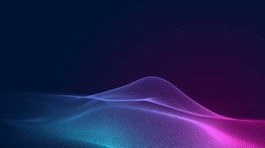 Nokta mavi mor dalga çizgisi, ışık eğimli koyu arkaplan. Soyut teknoloji büyük veri dijital arkaplanı. 3d oluşturma.