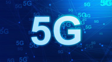 5G Ağ İnternet Mobil ikonu teknolojisi mavi arkaplan. Dijital gelecek tasarım kavramına sahip soyut dijital makine öğrenimi. 