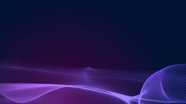 Nokta mavi mor dalga çizgisi, ışık eğimli koyu arkaplan. Soyut teknoloji büyük veri dijital arkaplanı. 3d oluşturma.