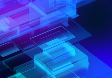 Soyut 3d mavi mor renk arızası izometrik zincir ve dijital bulut ağ teknolojisi dokusu arka planı. 3d şifreleme sistemi kavramı.