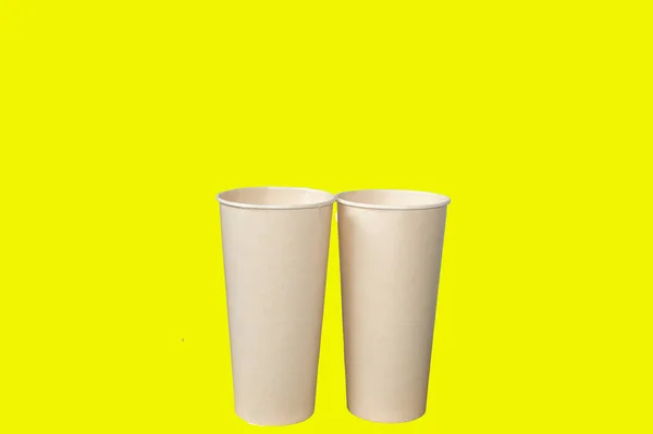 Two Tall Brown Paper Cups Lids Yellow Background — Stock Photo, Image