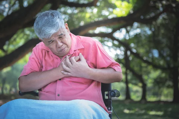 Homem Asiático Idoso Sentado Uma Cadeira Rodas Está Sofrendo Dor — Fotografia de Stock
