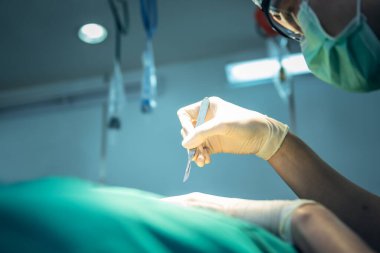 Yakın plan görüntüler, Doktor 'un elinin neşteri tutması ve ameliyathanede hastaya ameliyat yapması, tıbbi sağlık ve cerrahi konsepti..