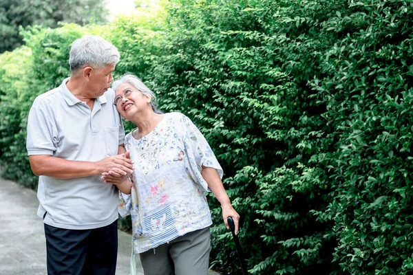 Asyalı yaşlı çiftin portre resimleri, yeşil yapraklı arka planda, aile kavramındaki insanlara ve ilişkilere sahip parkta birlikte gülümseyip mutlu olmalarıdır..