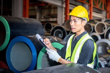 Asyalı işçiler endüstriyel üretimde, işçilere ve endüstri kavramına malzeme raporlarını kontrol edip yazıyorlar..