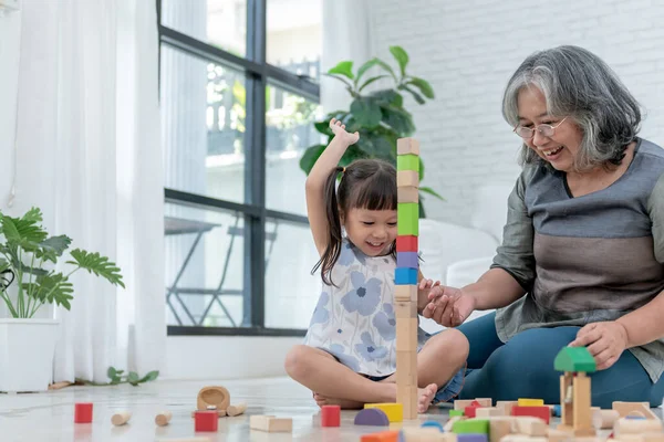 Asian elderly grandmother and A 3-year-old Asian girl, practicing her skills, brain development and imagination, by playing with wood blocks toy, to children and education concept.