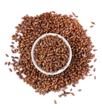 Beyaz arka planda izole edilmiş seramik kasede Cassia tora fasulyesi. Sicklepod ya da Senna obtusifolia. Kesme yolu. Üst görünüm.