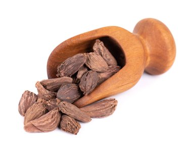 Beyaz arka planda izole edilmiş bir yığın siyah kakule kapsülü. Siyah kardamon tohumları. Kesme yolu.