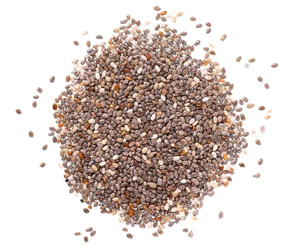 Chia seeds isolated on white background. Healthy superfood. Closeup macro of small organic chia seeds. Top view. — Stock Photo, Image