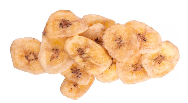 Fichas de banana isoladas em fundo branco. Lanche de frutas secas. Vista superior. — Fotografia de Stock
