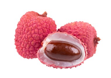 Lychee meyvesi beyaz arka planda izole edilmiş. Tropik egzotik taze olgun meyve. Litchi chinensis. Kesme yolu.