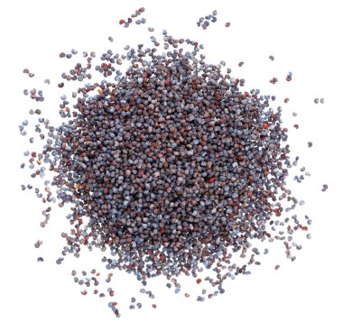 Beyaz arka planda yalıtılmış haşhaş tohumları. Organik baharat mavisi haşhaş. Üst görünüm.