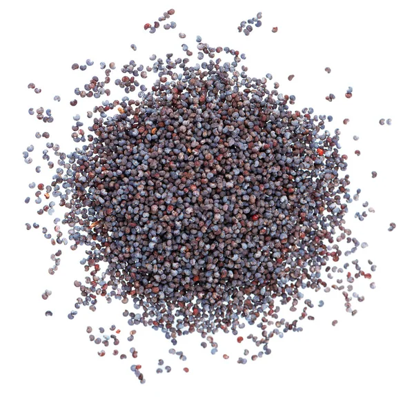 Beyaz arka planda yalıtılmış haşhaş tohumları. Organik baharat mavisi haşhaş. Üst görünüm.