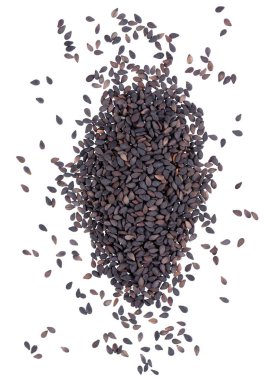Black sesame seeds isolated on white background. Organic spice. Top view.