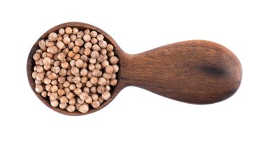Tahta kaşıkta kişniş tohumları, beyaz arka planda izole. Cilantro tahılı. Organik baharat. Üst görünüm.