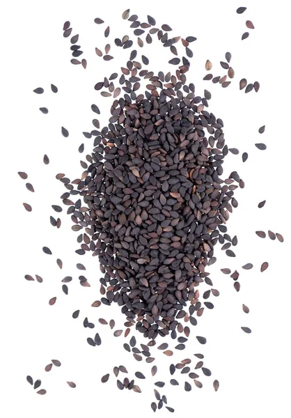 Black sesame seeds isolated on white background. Organic spice. Top view. — Stock Photo, Image