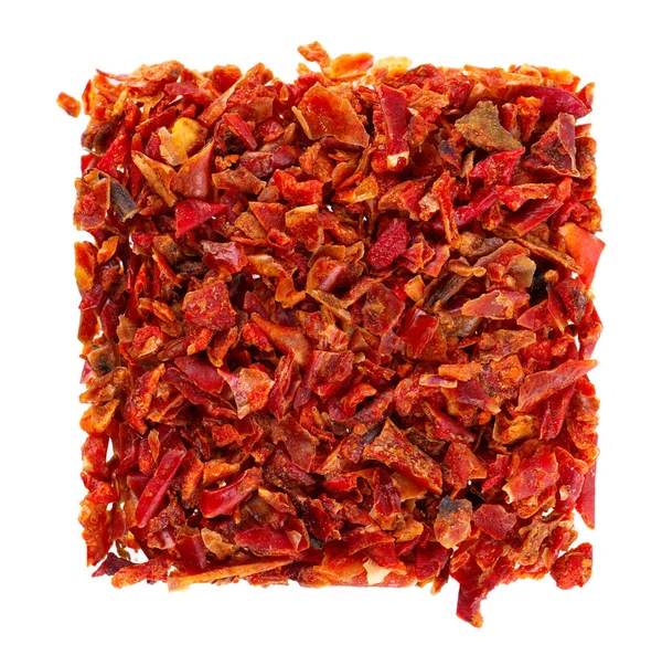 干红辣椒片 白色背景隔离 香料和草药 顶部视图 — 图库照片