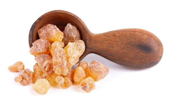 Frankincense Resin Wooden Spoon Isolated White Background Pile Natural Frankincense — Foto de Stock