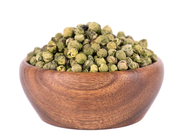 Green Peppercorns Wooden Bowl Isolated White Background Organic Spice Dry — 스톡 사진
