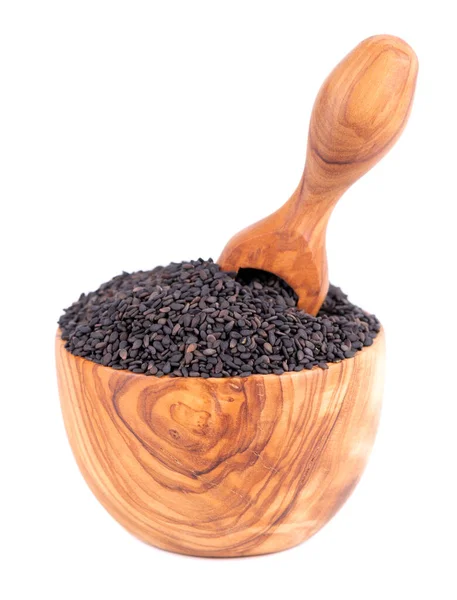 Black Sesame Seeds Olive Bowl Scoop Isolated White Background Organic — Stockfoto