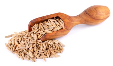 Beyaz arka planda izole edilmiş çavdar taneleri. Zeytin kepçesinde çavdar tohumu tohumu. Kuru çavdar taneleri.