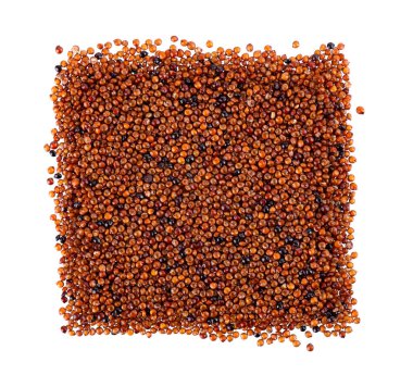 Beyaz arka planda izole edilmiş kanihua taneleri. Qaniwa, qanawa, qanawi veya kaniwa tohumları yığını. Chenopodium pallidicaule 'un kuru taneleri. Üst görünüm