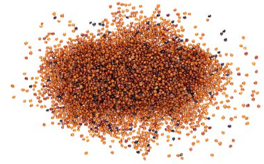 Beyaz arka planda izole edilmiş kanihua taneleri. Qaniwa, qanawa, qanawi veya kaniwa tohumları yığını. Chenopodium pallidicaule 'un kuru taneleri. Üst görünüm