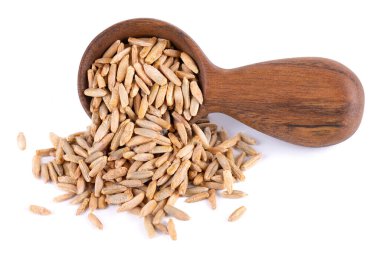 Beyaz arka planda izole edilmiş çavdar taneleri. Ahşap kaşıkta çavdar viskisi tohumu. Kuru çavdar taneleri.