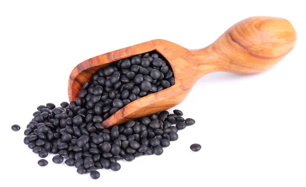 Black Lentils Olive Spoon Isolated White Background Dry Beluga Lentil — Stock Photo, Image