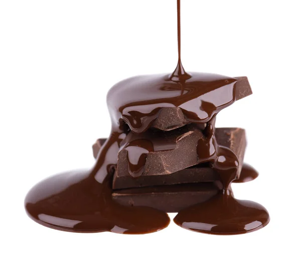 Pile Morceaux Chocolat Sirop Chocolat Isolé Sur Fond Blanc Gros — Photo