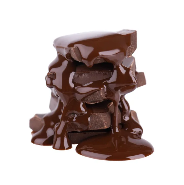 Chocolate Pieces Stack Chocolate Syrup Isolated White Background Close — Stock Photo, Image