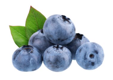 Fresh blueberry with green leaves, isolated on white background. Bilberry or whortleberry berries. Collection. Clipping path