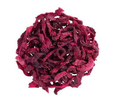 Dry beetroot isolated on the white background. Chopped dried beet. Top view
