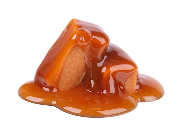 Tatlı Karamel Şekerler Sos Beyaz Arka Plan Üzerinde Izole Lezzetli — Stok fotoğraf