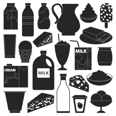Süt ürünü vektör siyah set simgesi. Beyaz arka planda vektör illüstrasyon yiyeceği. İzole edilmiş siyah set simgesi süt ürünü.