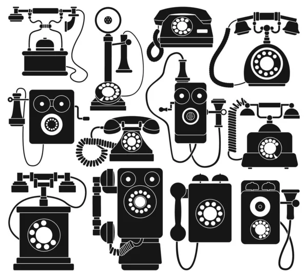 Ретро телефон вектор чорний набір значок. Векторна ілюстрація старовинного телефону на білому тлі. Ізольований чорний набір значок ретро телефон . — стоковий вектор